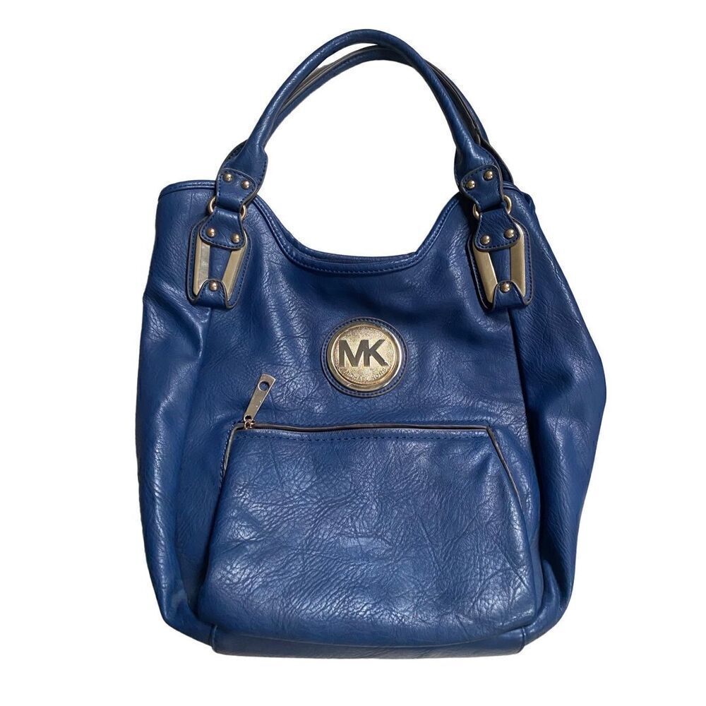Michael Kors Beautiful Blue Leather Shoulder Handbag With Gold Metal Vintage